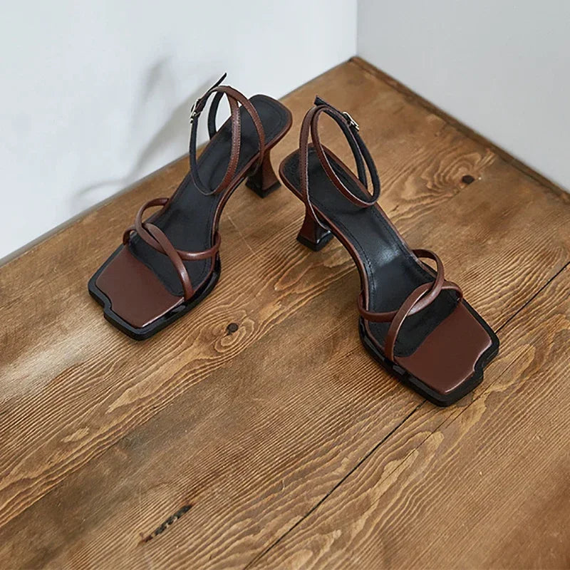 Square Toe Narrow Band Heel Sandals