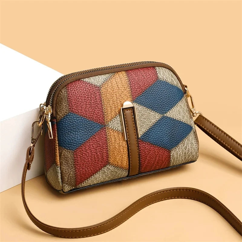 Patchwork Messenger Tote Bag - Plaid Shoulder Style