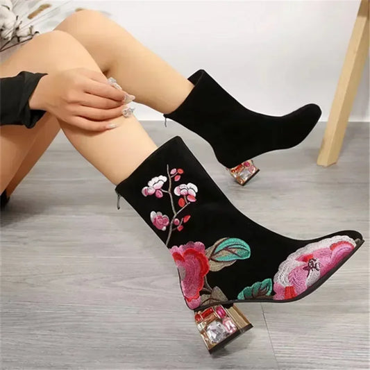 Embroidered Rhinestone Ankle Boots