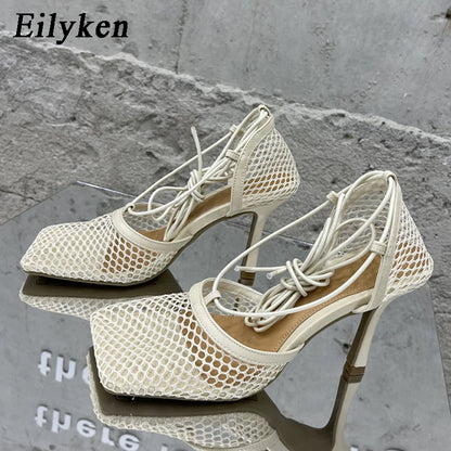Lace-Up Mesh Stiletto Sandals