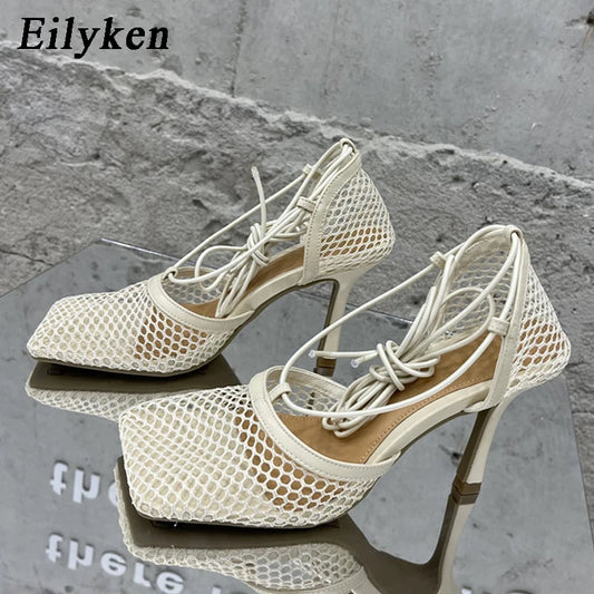 Lace-Up Mesh Stiletto Sandals