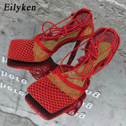 Lace-Up Mesh Stiletto Sandals
