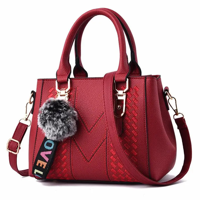 Embroidered Messenger Handbag - Fur Charm Accent