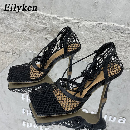 Lace-Up Mesh Stiletto Sandals