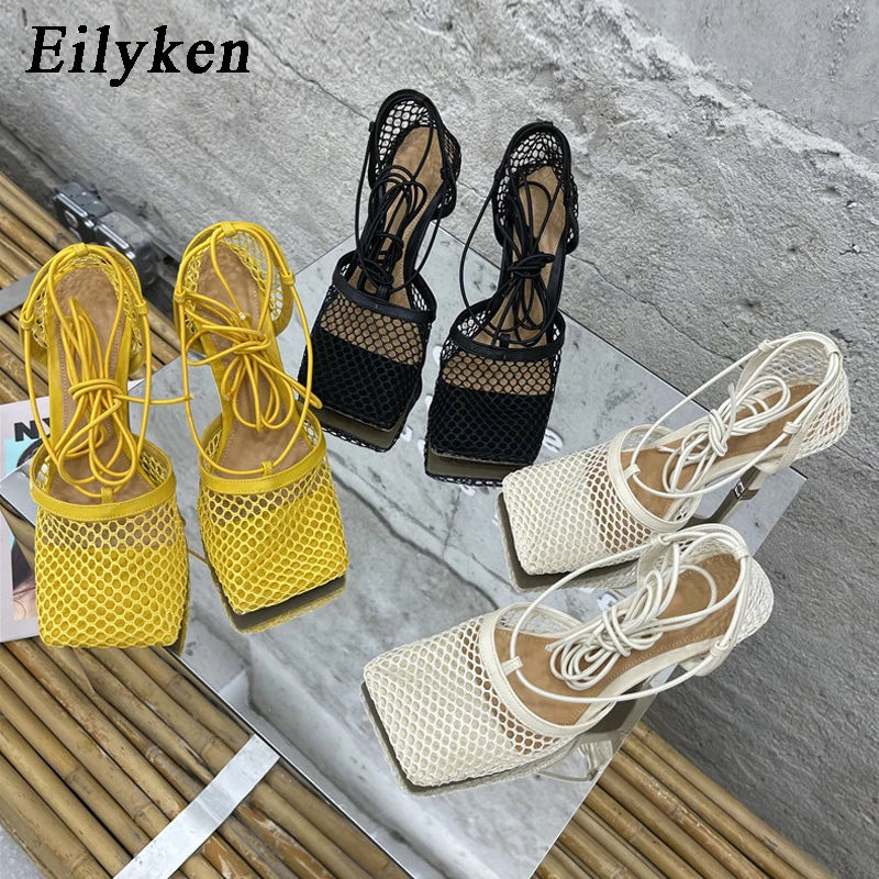 Lace-Up Mesh Stiletto Sandals