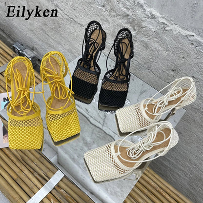 Lace-Up Mesh Stiletto Sandals