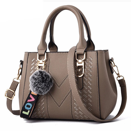 Embroidered Messenger Handbag - Fur Charm Accent