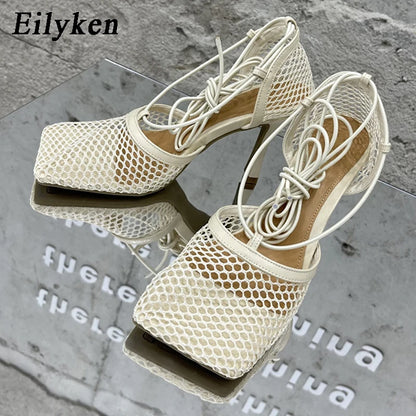 Lace-Up Mesh Stiletto Sandals
