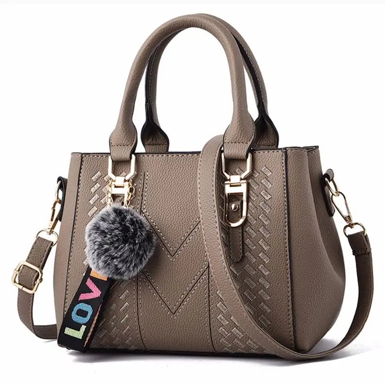 Embroidered Messenger Handbag - Fur Charm Accent
