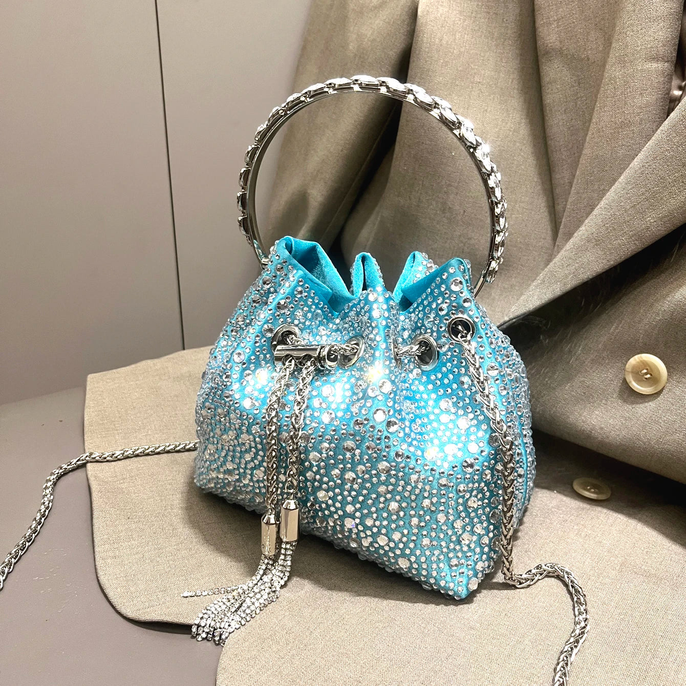 Rhinestone Evening Clutch Bag - Shimmer Handle Detail