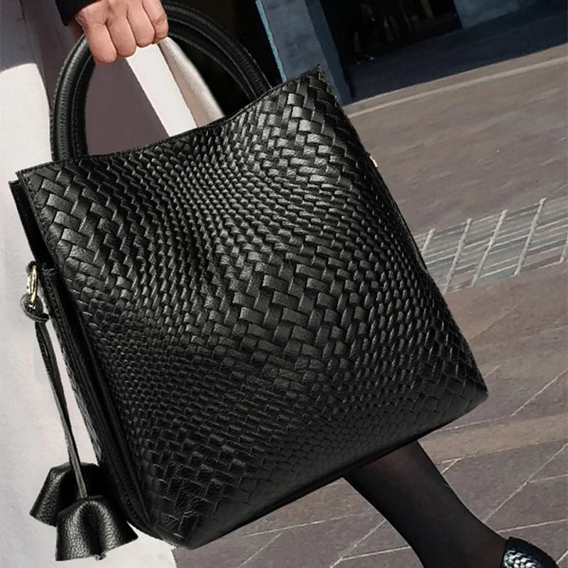 Woven Cowhide Handbag - Black Commuter Tote