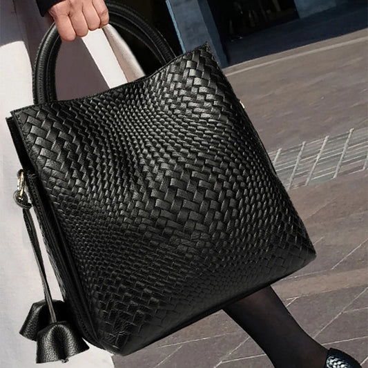 Woven Cowhide Handbag - Black Commuter Tote