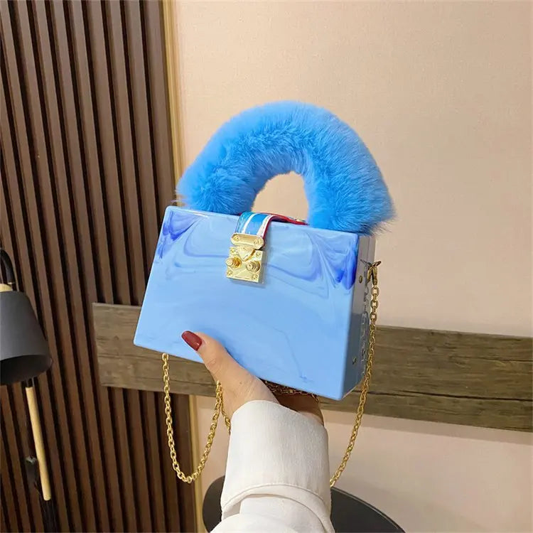 Faux Fur Acrylic Box Clutch - Top Handle Party Bag