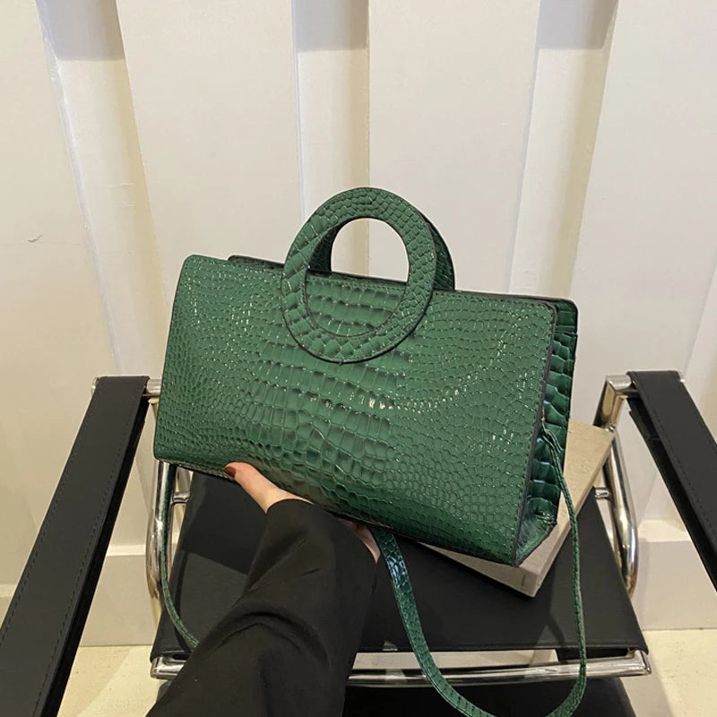 Crocodile Pattern Square Bag - Green Messenger Style