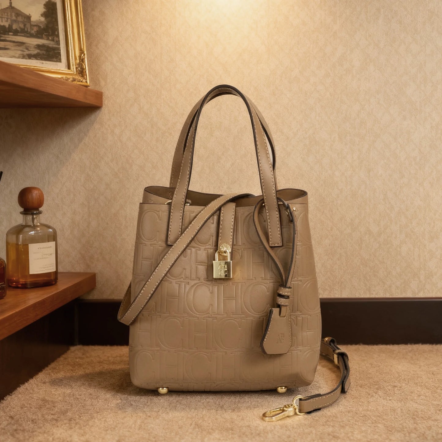 CH Embossed Tote Crossbody Bag - Letter Print Design