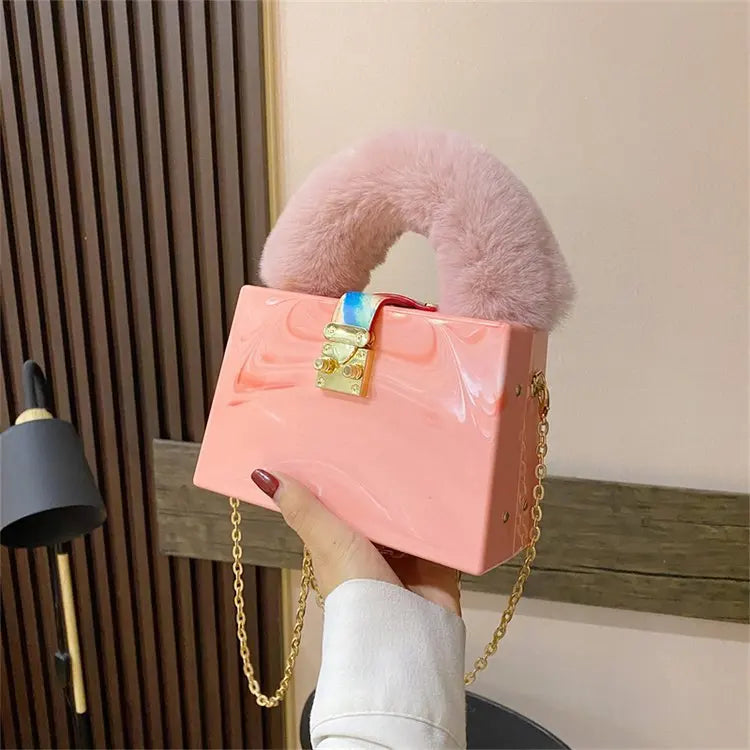 Faux Fur Acrylic Box Clutch - Top Handle Party Bag
