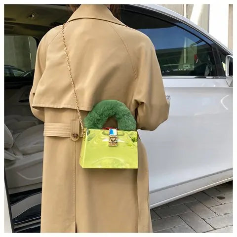 Faux Fur Acrylic Box Clutch - Top Handle Party Bag