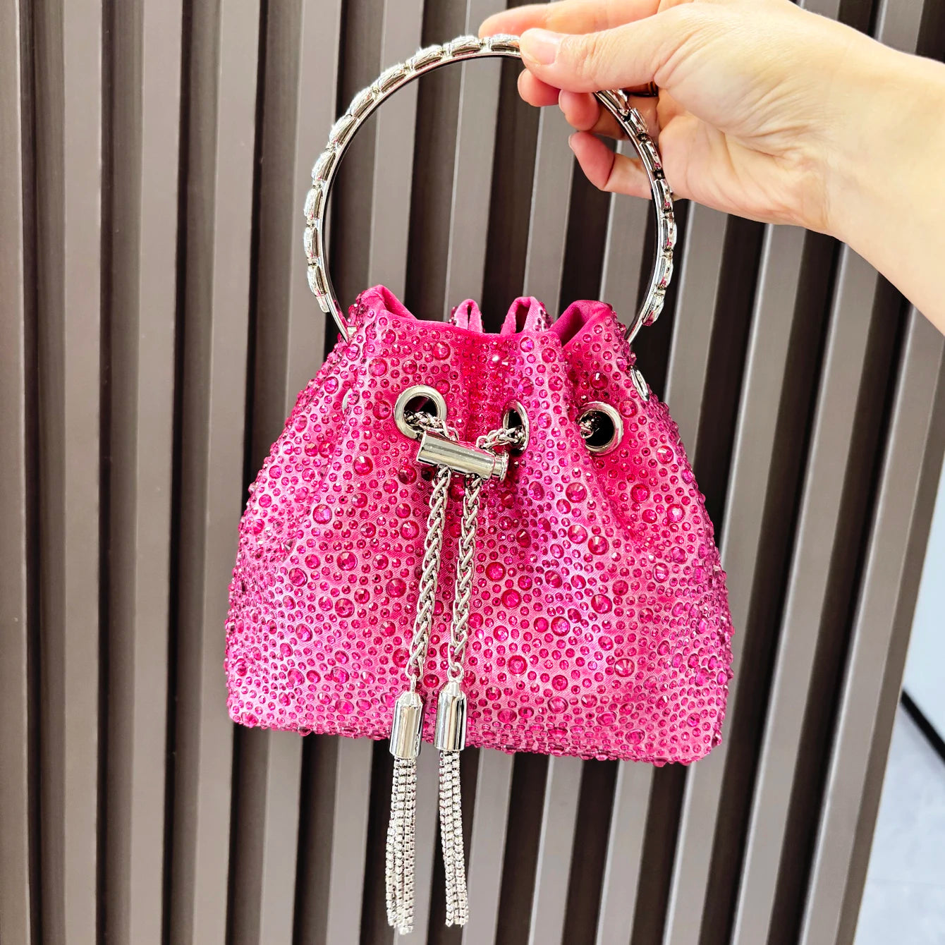 Rhinestone Evening Clutch Bag - Shimmer Handle Detail