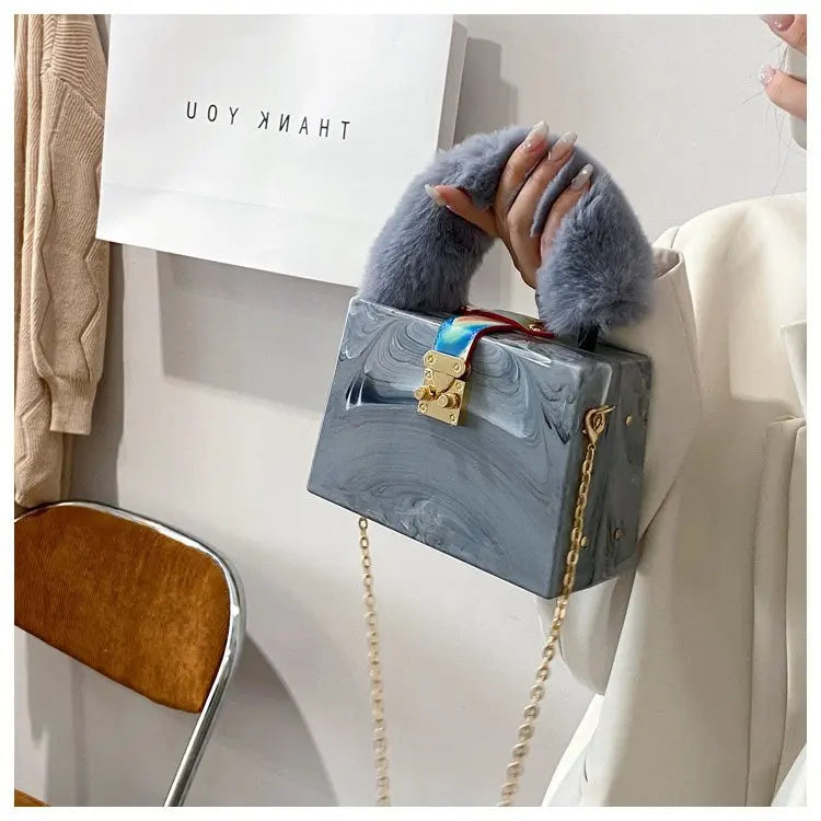 Faux Fur Acrylic Box Clutch - Top Handle Party Bag
