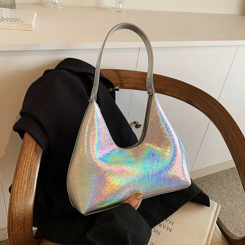 Waterproof Patent Shoulder Tote Bag - Sleek Armpit Style