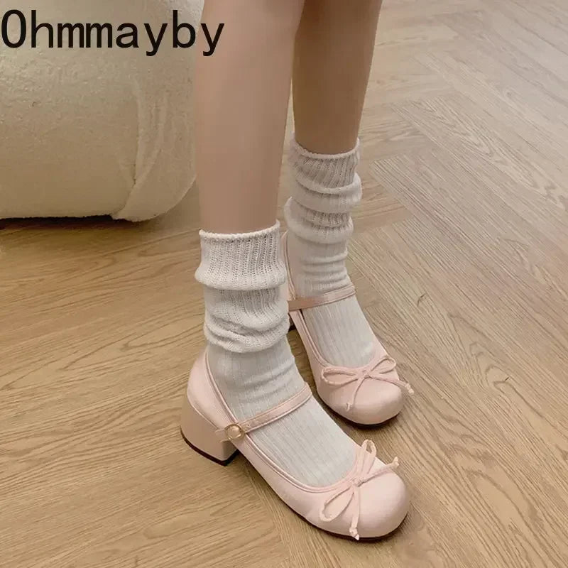 Round Toe Mary Jane Mid Heel Pumps