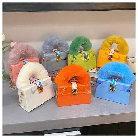 Faux Fur Acrylic Box Clutch - Top Handle Party Bag