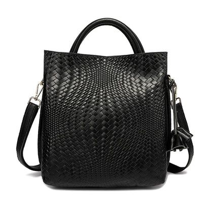 Woven Cowhide Handbag - Black Commuter Tote