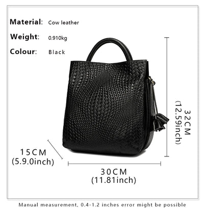 Woven Cowhide Handbag - Black Commuter Tote