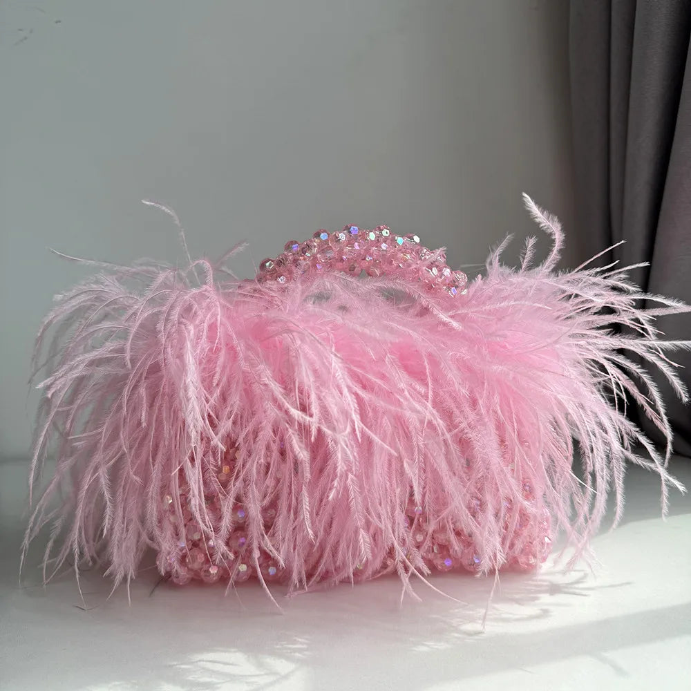 Pearl Bead Feather Box Bag - Handmade Party Piece