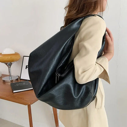 Soft Leather Hobo Tote - Black Travel Shopper