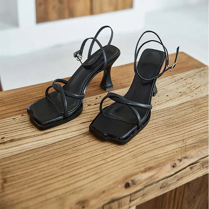 Square Toe Narrow Band Heel Sandals