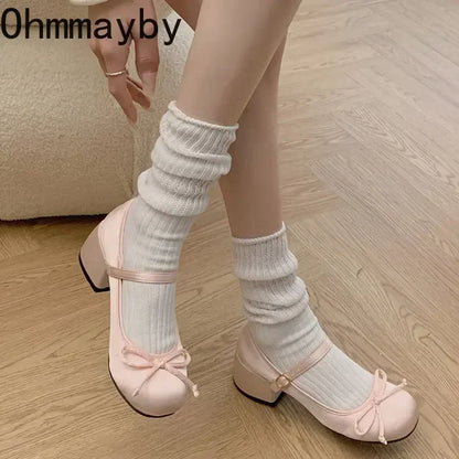 Round Toe Mary Jane Mid Heel Pumps