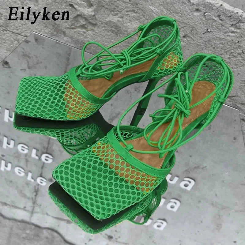 Lace-Up Mesh Stiletto Sandals