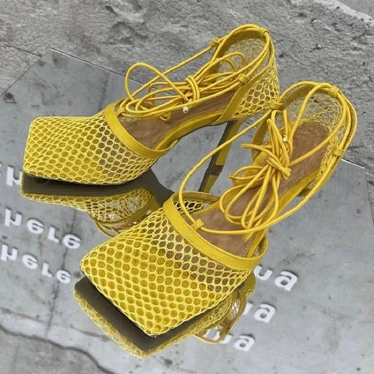 Lace-Up Mesh Stiletto Sandals
