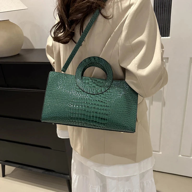 Crocodile Pattern Square Bag - Green Messenger Style