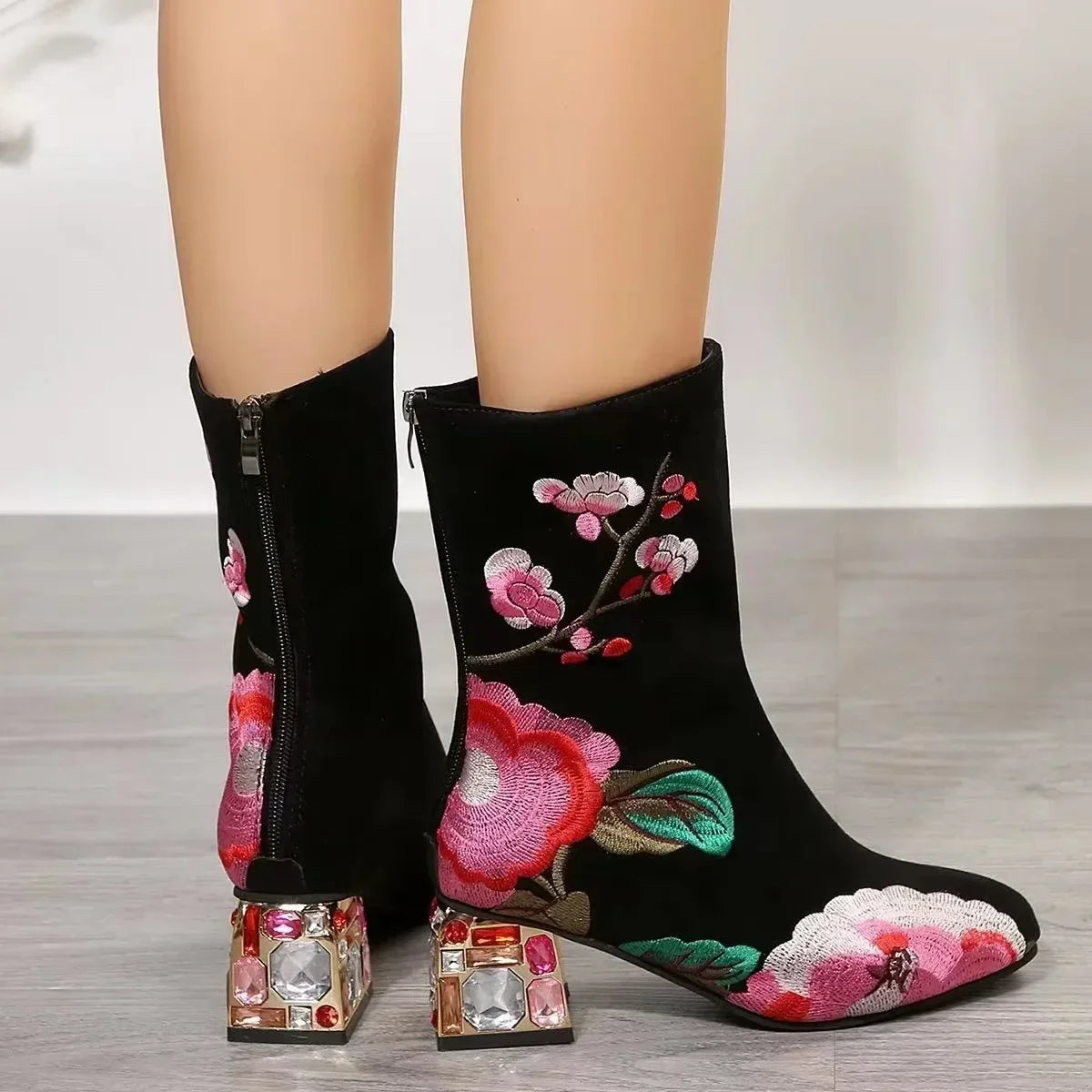 Embroidered Rhinestone Ankle Boots