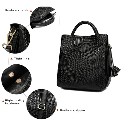 Woven Cowhide Handbag - Black Commuter Tote