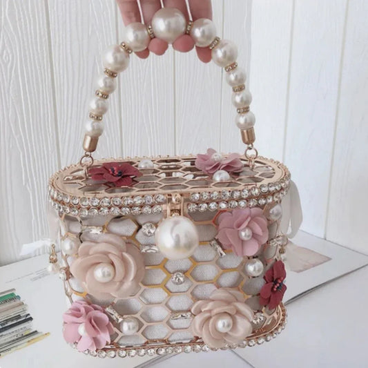 Pearl Evening Crossbody Bag - Metallic Diamond Accent