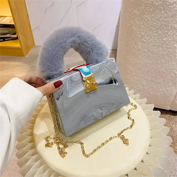 Faux Fur Acrylic Box Clutch - Top Handle Party Bag
