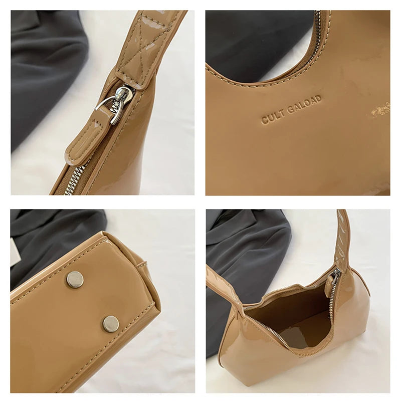 Waterproof Patent Shoulder Tote Bag - Sleek Armpit Style
