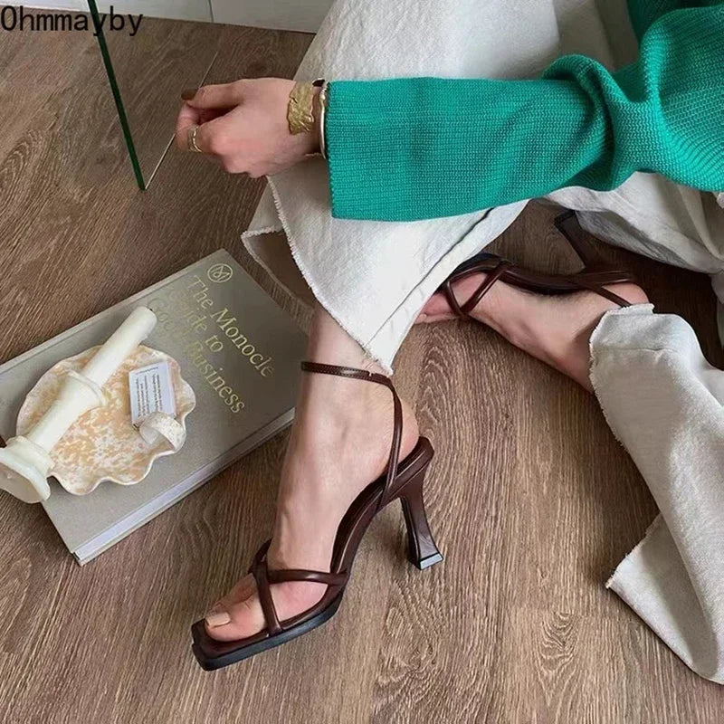 Square Toe Narrow Band Heel Sandals