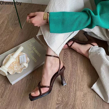 Square Toe Narrow Band Heel Sandals