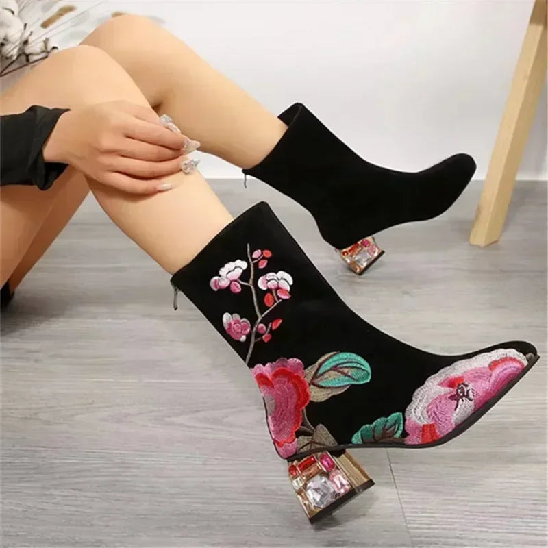 Embroidered Rhinestone Ankle Boots