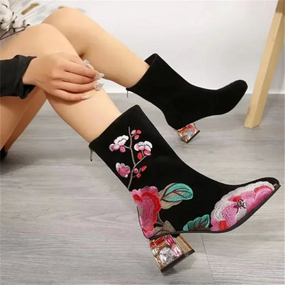 Embroidered Rhinestone Ankle Boots