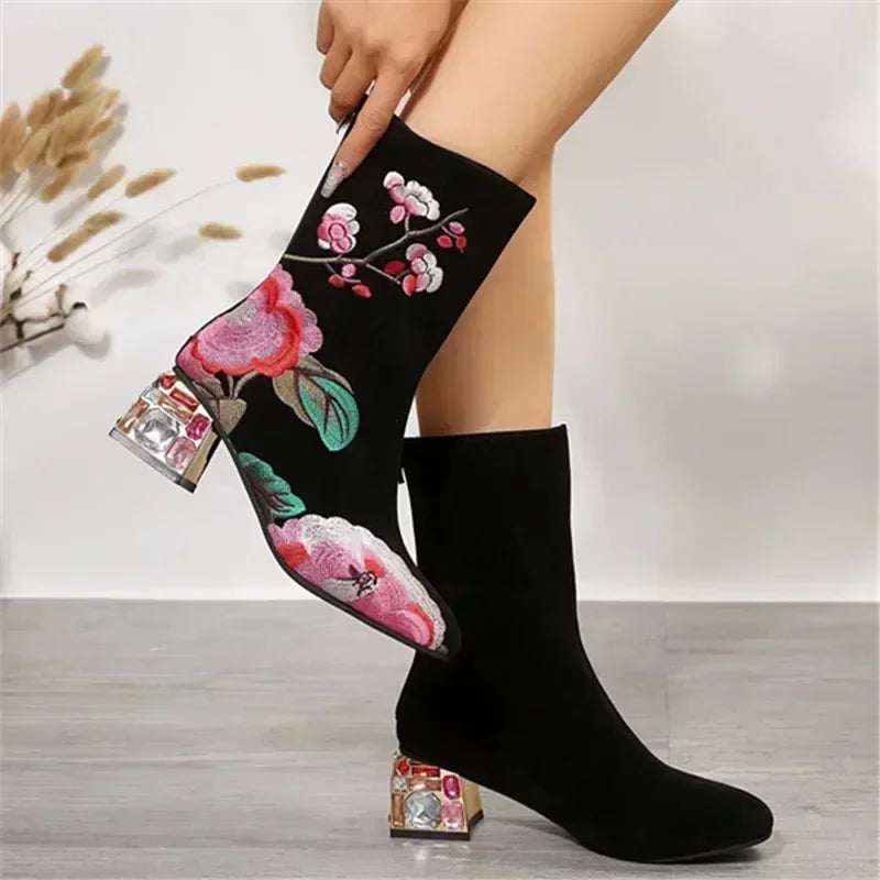 Embroidered Rhinestone Ankle Boots