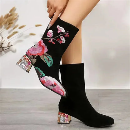 Embroidered Rhinestone Ankle Boots