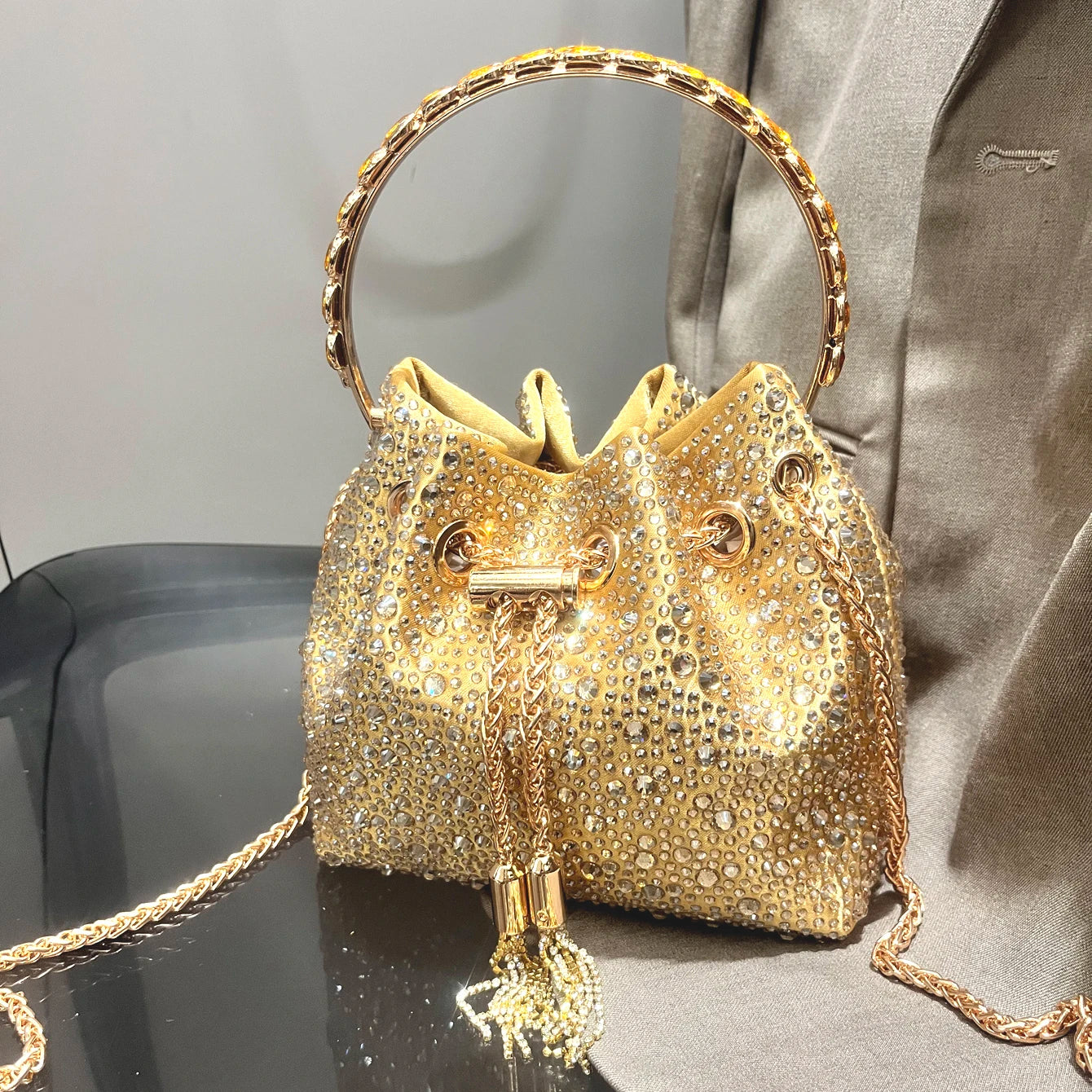 Rhinestone Evening Clutch Bag - Shimmer Handle Detail