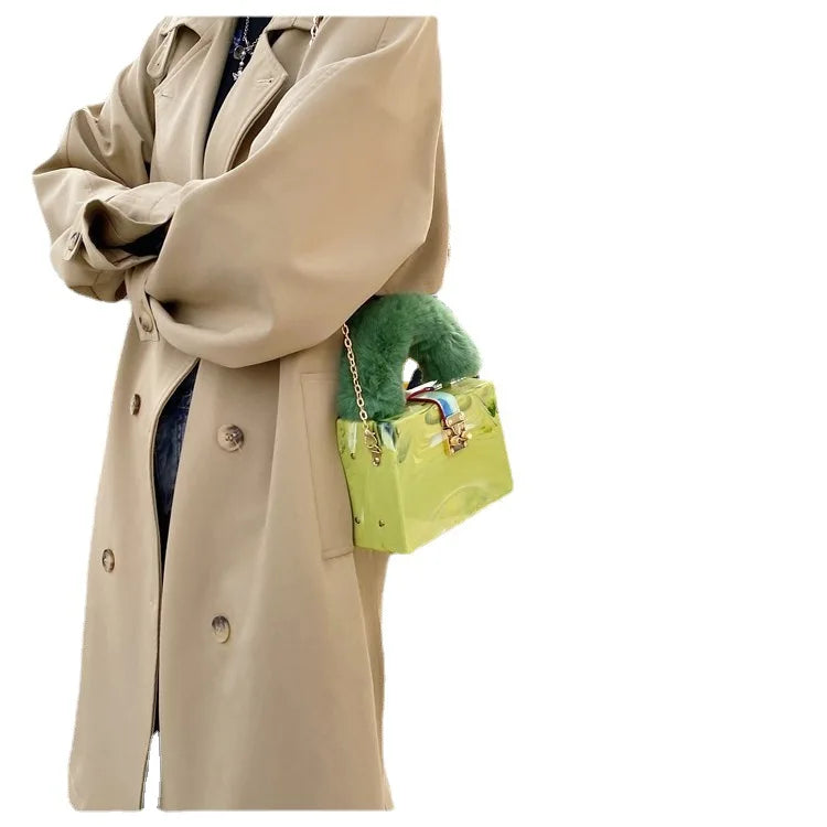 Faux Fur Acrylic Box Clutch - Top Handle Party Bag