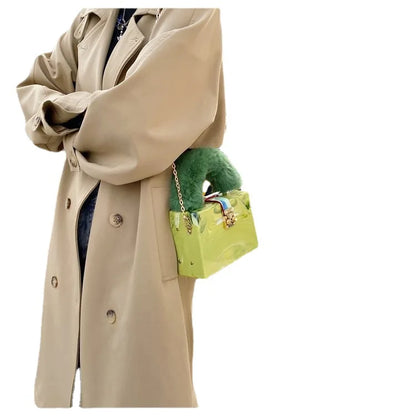 Faux Fur Acrylic Box Clutch - Top Handle Party Bag