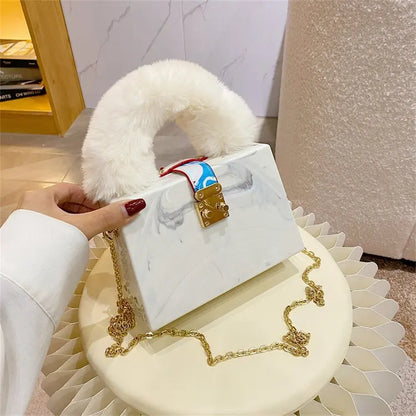 Faux Fur Acrylic Box Clutch - Top Handle Party Bag
